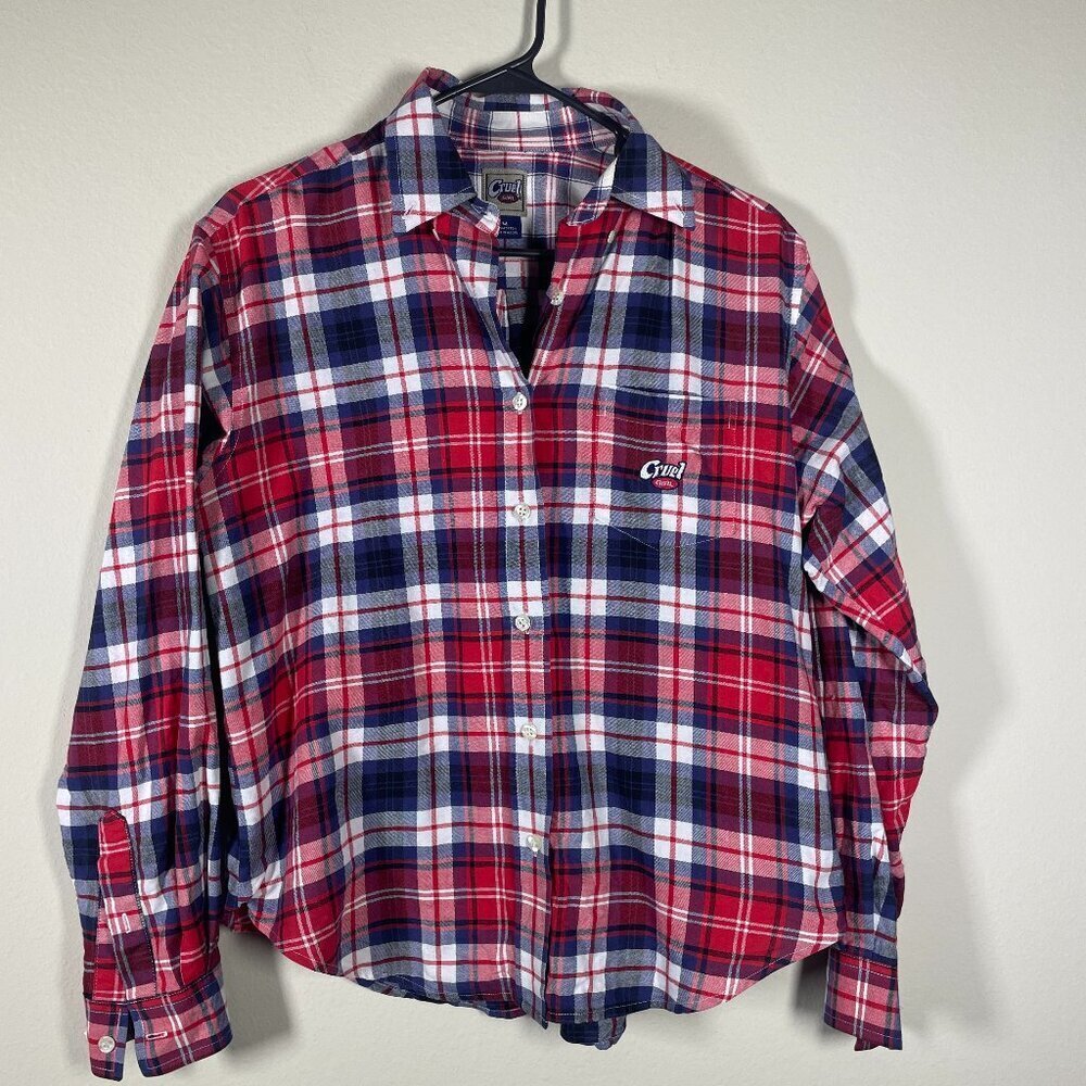 Cruel Girl Women's Red Navy Plaid Flannel Button-Up Shirt Cotton Medium!